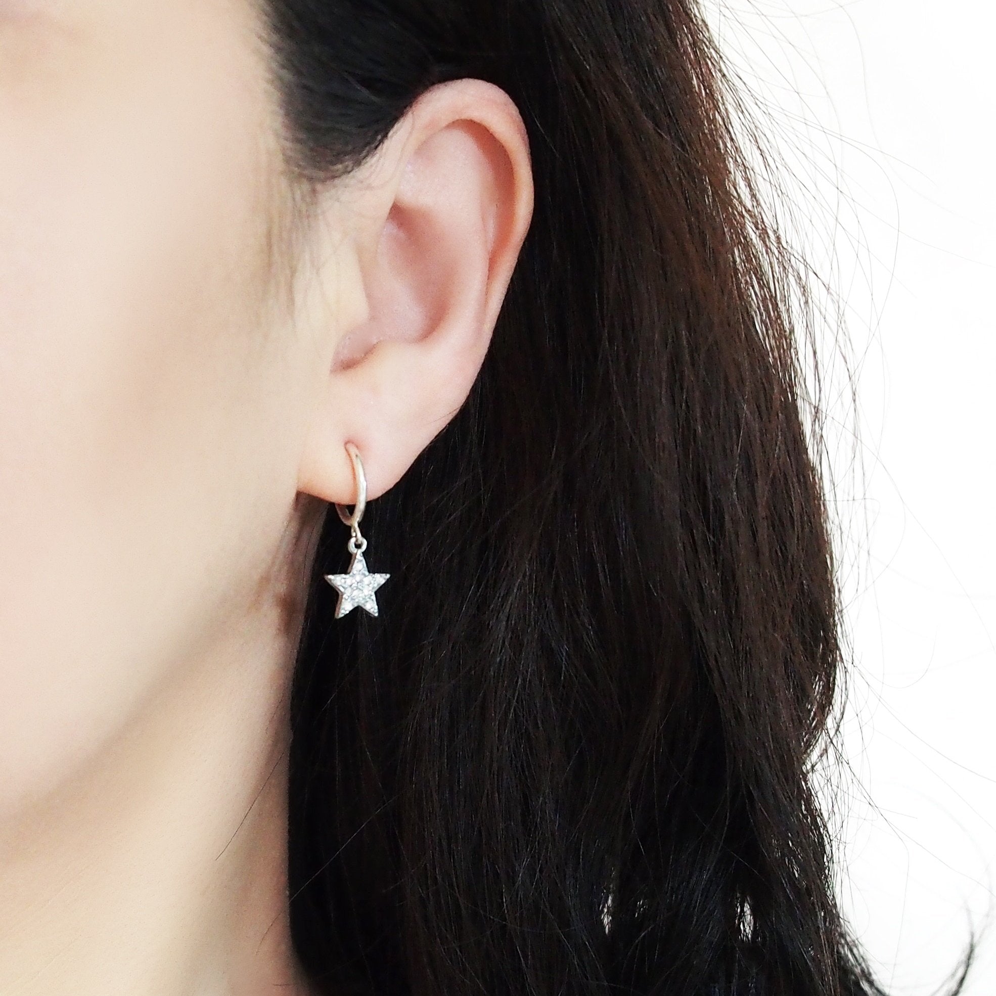 Silver rhinestone star clip on hoop earrings - Miyabi Grace