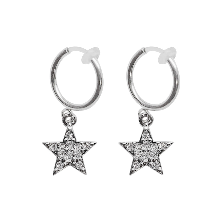 Silver rhinestone star clip on hoop earrings - Miyabi Grace