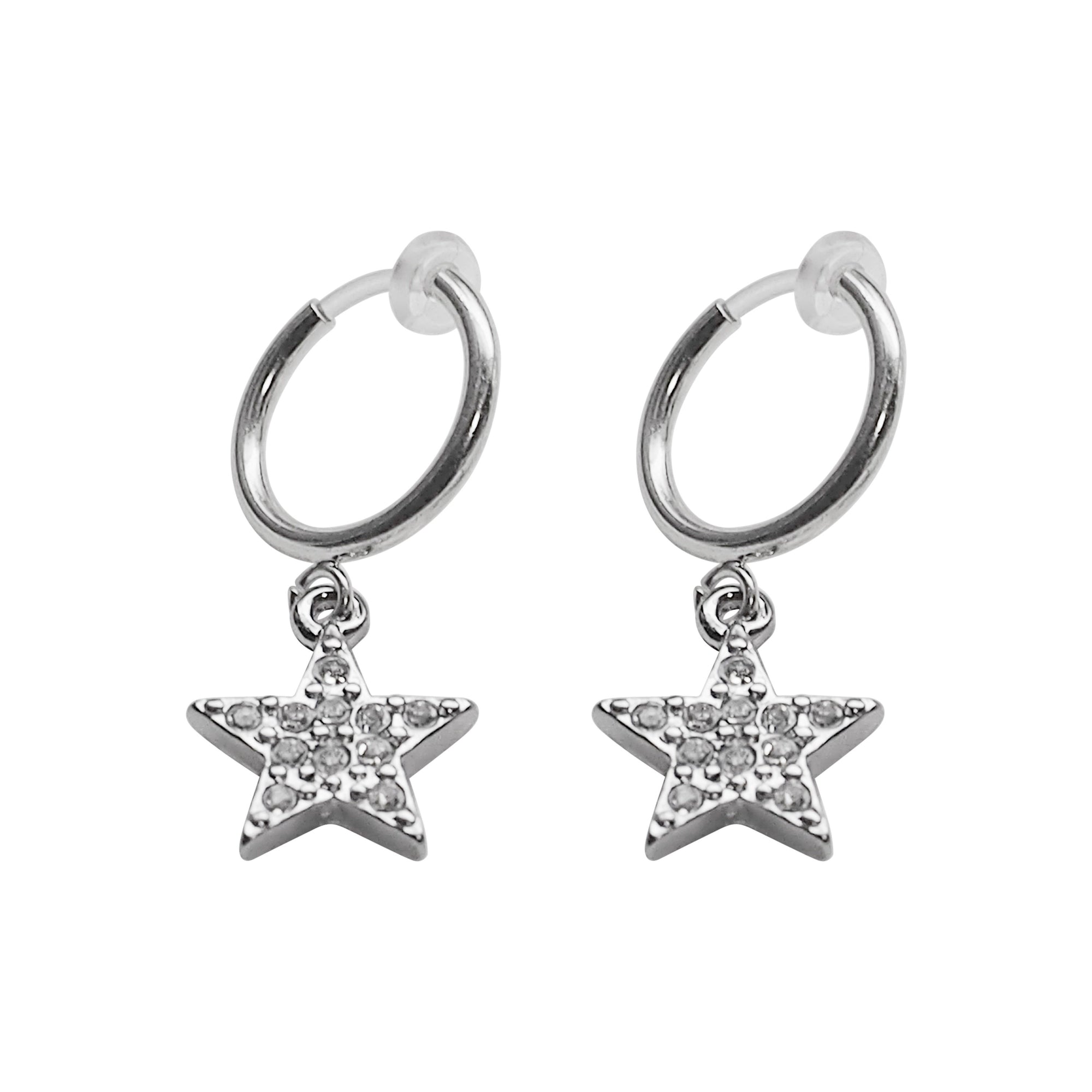 Silver rhinestone star clip on hoop earrings - Miyabi Grace