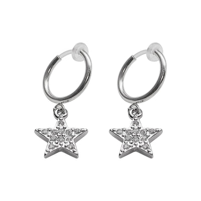 Silver rhinestone star clip on hoop earrings - Miyabi Grace
