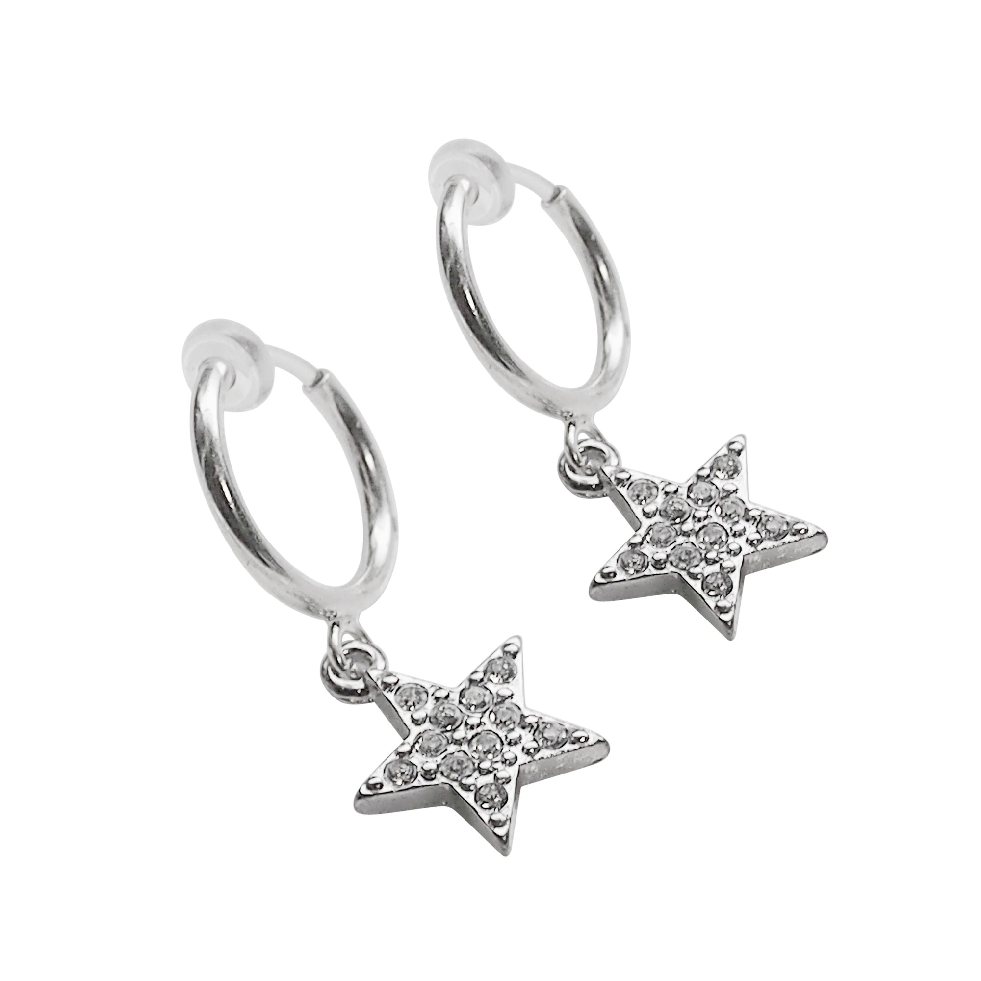 Silver rhinestone star clip on hoop earrings - Miyabi Grace