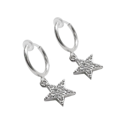 Silver rhinestone star clip on hoop earrings - Miyabi Grace