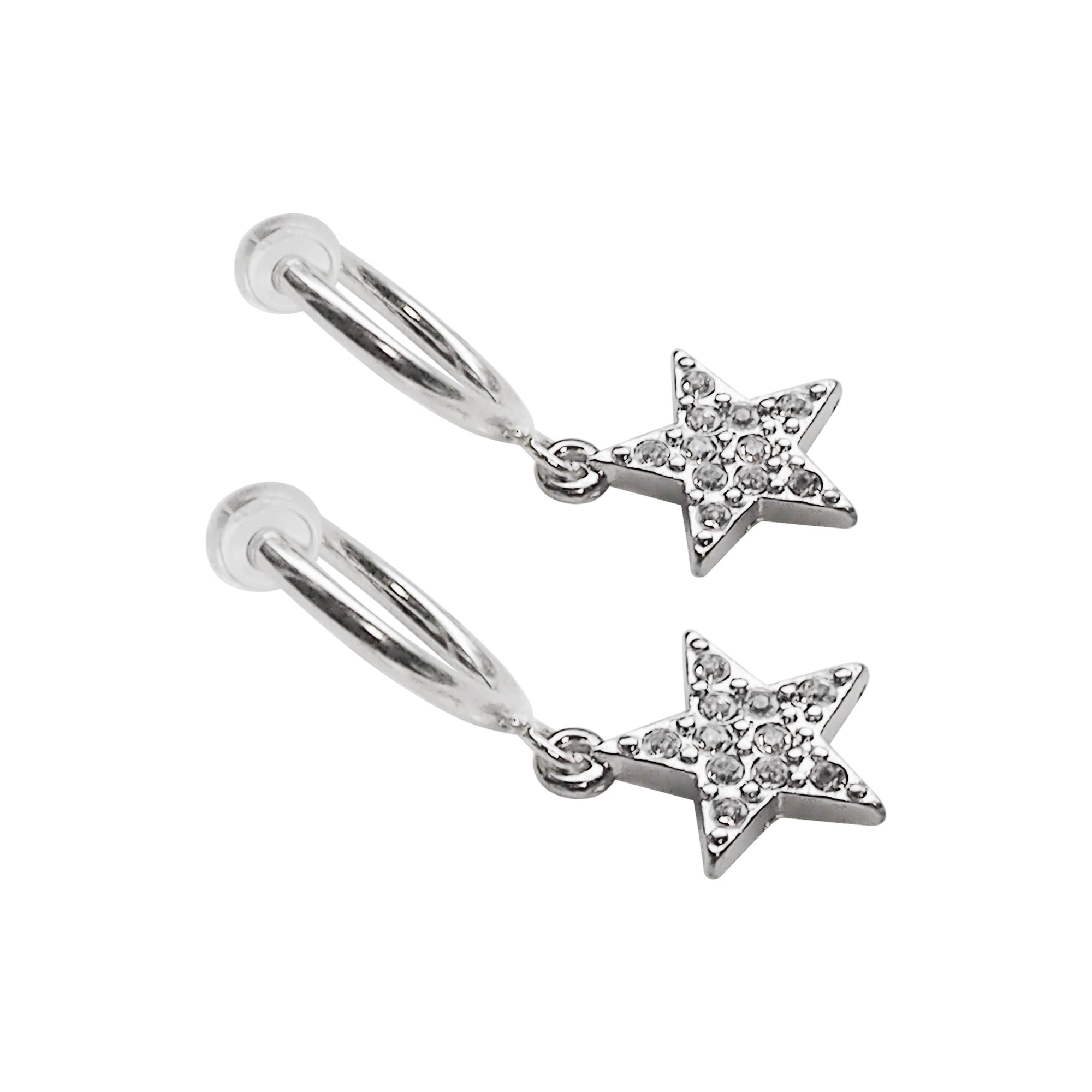 Silver rhinestone star clip on hoop earrings - Miyabi Grace