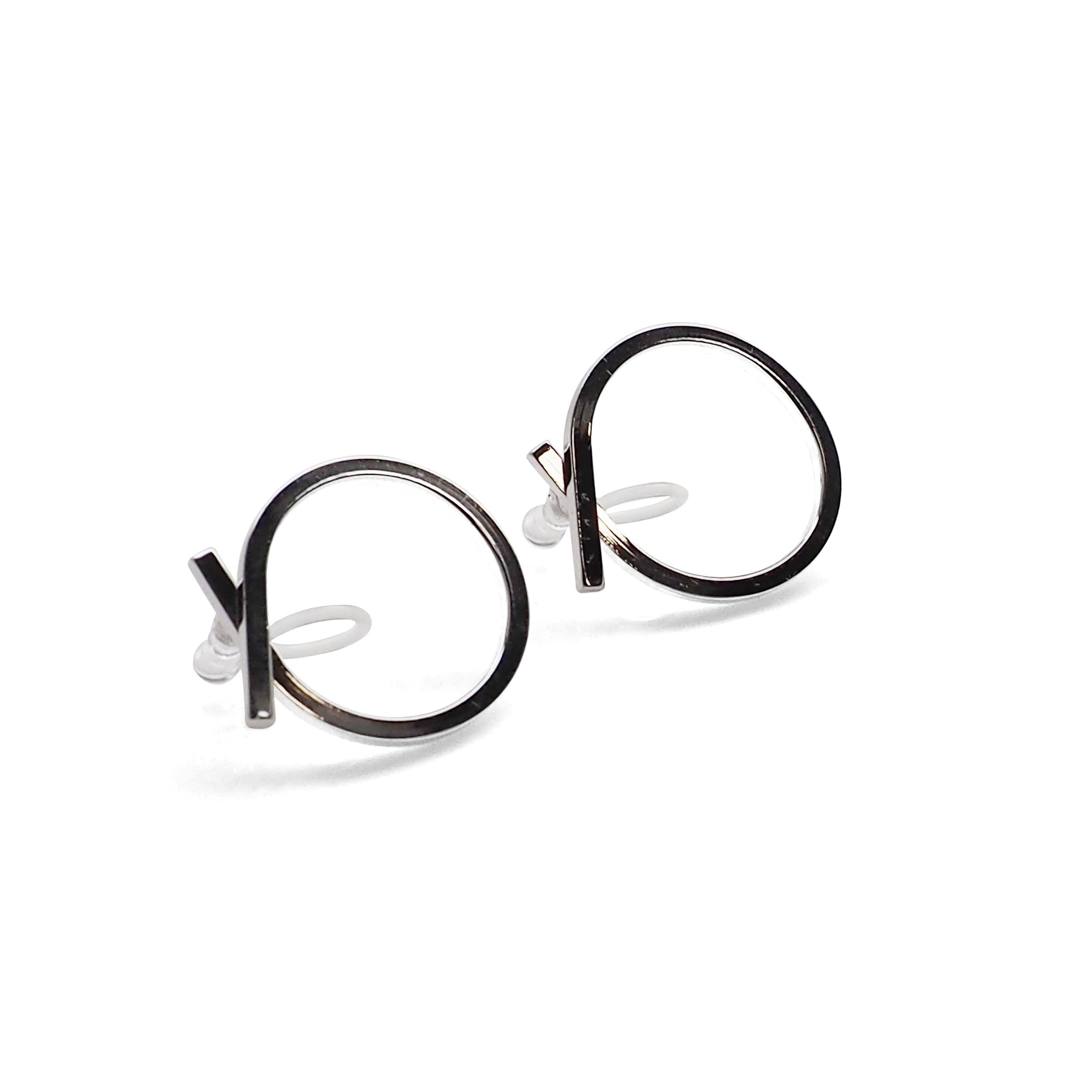 Ribbon Circle Hoop Invisible clip on stud earrings ( Silver tone ) - Miyabi Grace