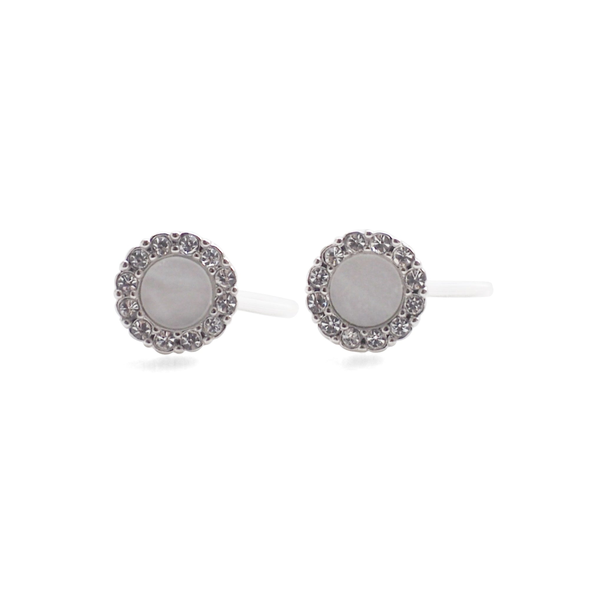 Silver Round Swarovski Crystal Rhinestone Pave Invisible Clip On Stud Earrings ( White ) - Miyabi Grace