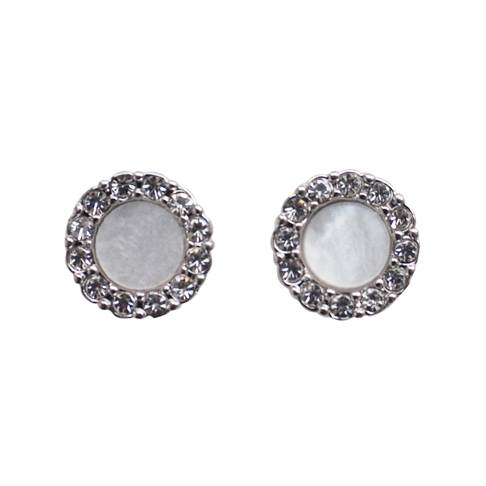 Silver Round Swarovski Crystal Rhinestone Pave Invisible Clip On Stud Earrings ( White ) - Miyabi Grace