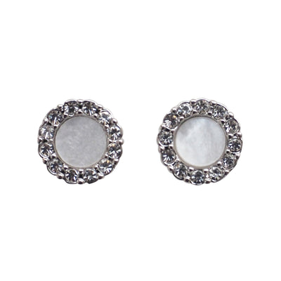 Silver Round Swarovski Crystal Rhinestone Pave Invisible Clip On Stud Earrings ( White ) - Miyabi Grace