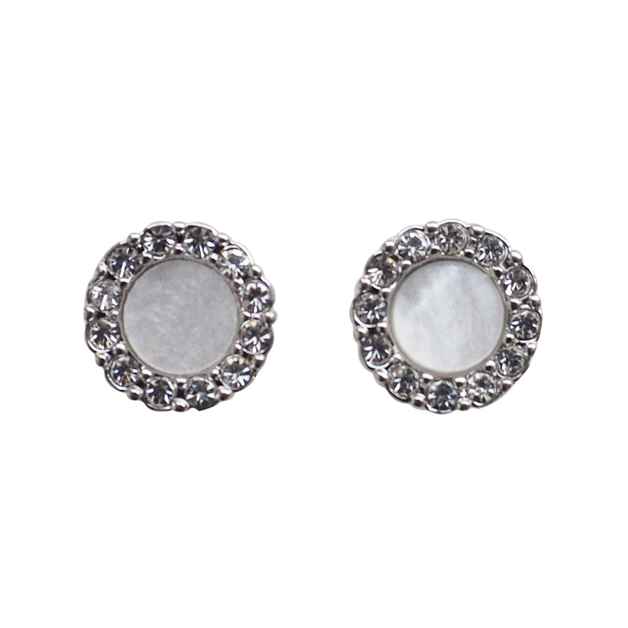 Silver Round Swarovski Crystal Rhinestone Pave Invisible Clip On Stud Earrings ( White ) - Miyabi Grace