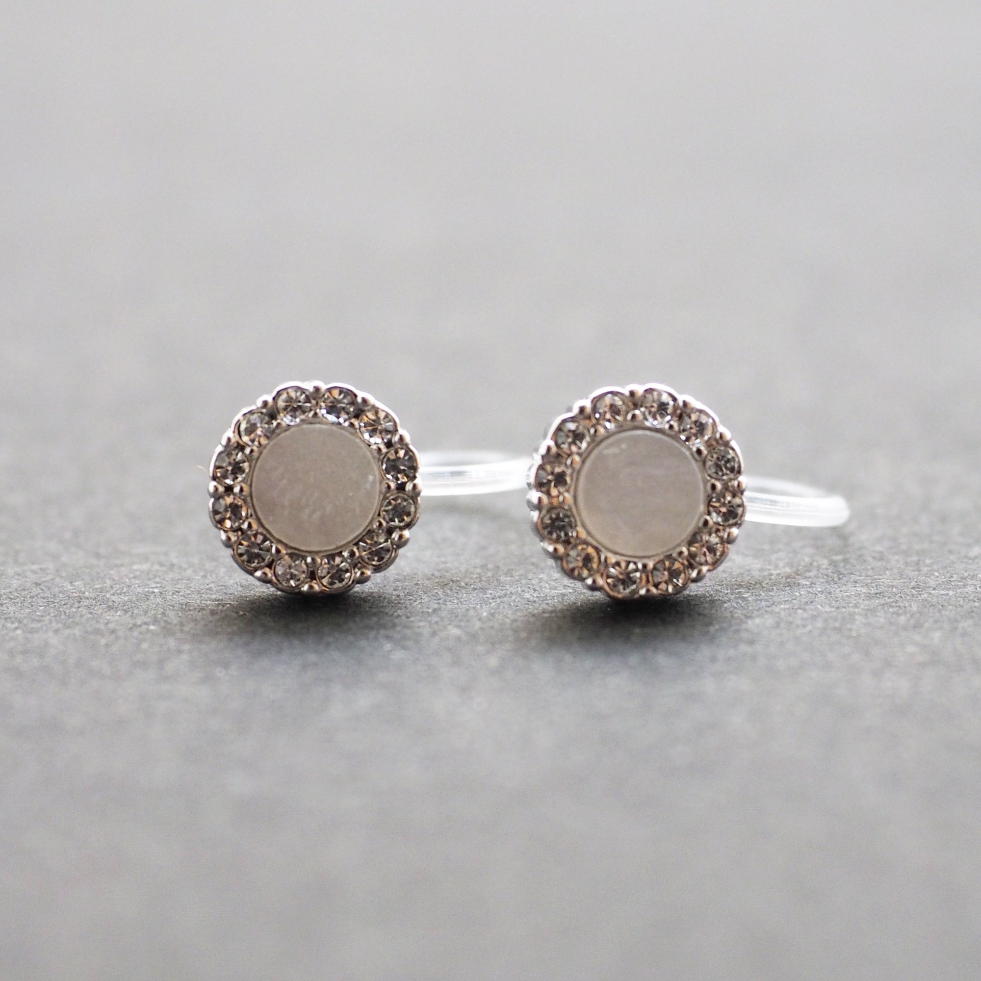 Silver Round Swarovski Crystal Rhinestone Pave Invisible Clip On Stud Earrings ( White ) - Miyabi Grace