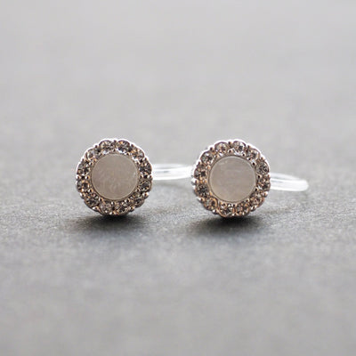 Silver Round Swarovski Crystal Rhinestone Pave Invisible Clip On Stud Earrings ( White ) - Miyabi Grace