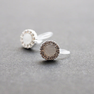 Silver Round Swarovski Crystal Rhinestone Pave Invisible Clip On Stud Earrings ( White ) - Miyabi Grace