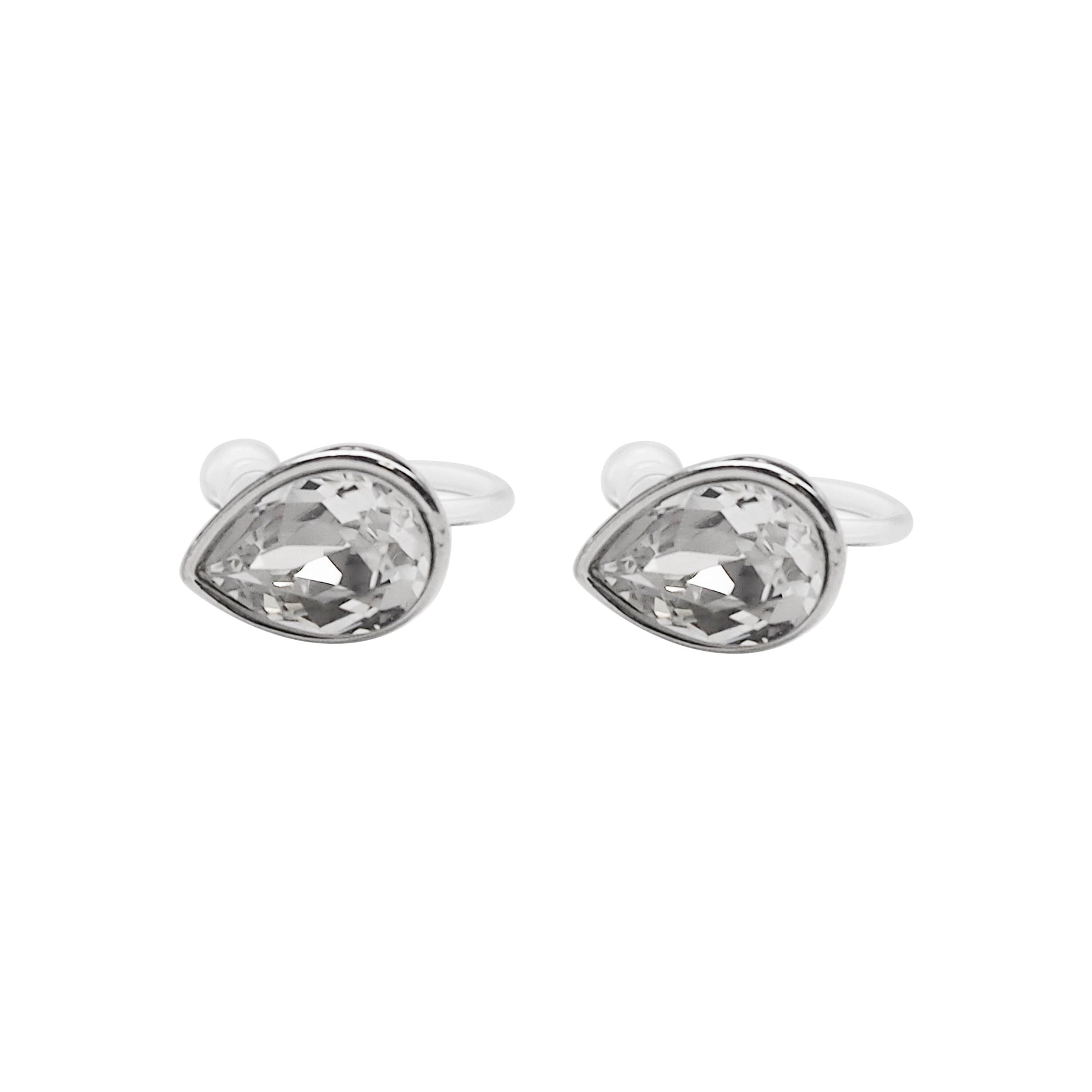 Teardrop Cubic Zirconia Crystal Invisible Clip On Stud Earrings (Silver tone) - Miyabi Grace