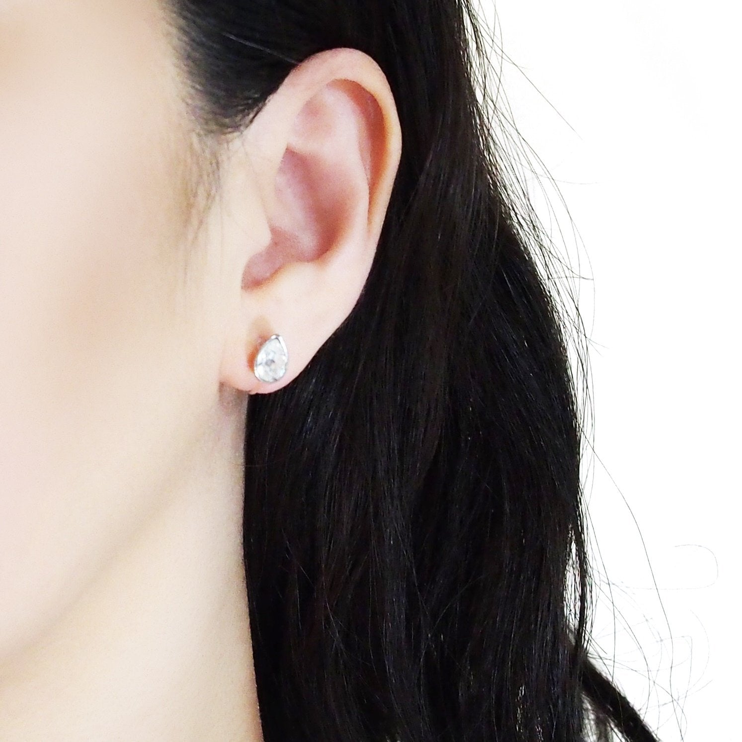 Teardrop Cubic Zirconia Crystal Invisible Clip On Stud Earrings (Silver tone) - Miyabi Grace