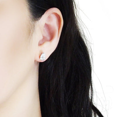 Teardrop Cubic Zirconia Crystal Invisible Clip On Stud Earrings (Silver tone) - Miyabi Grace