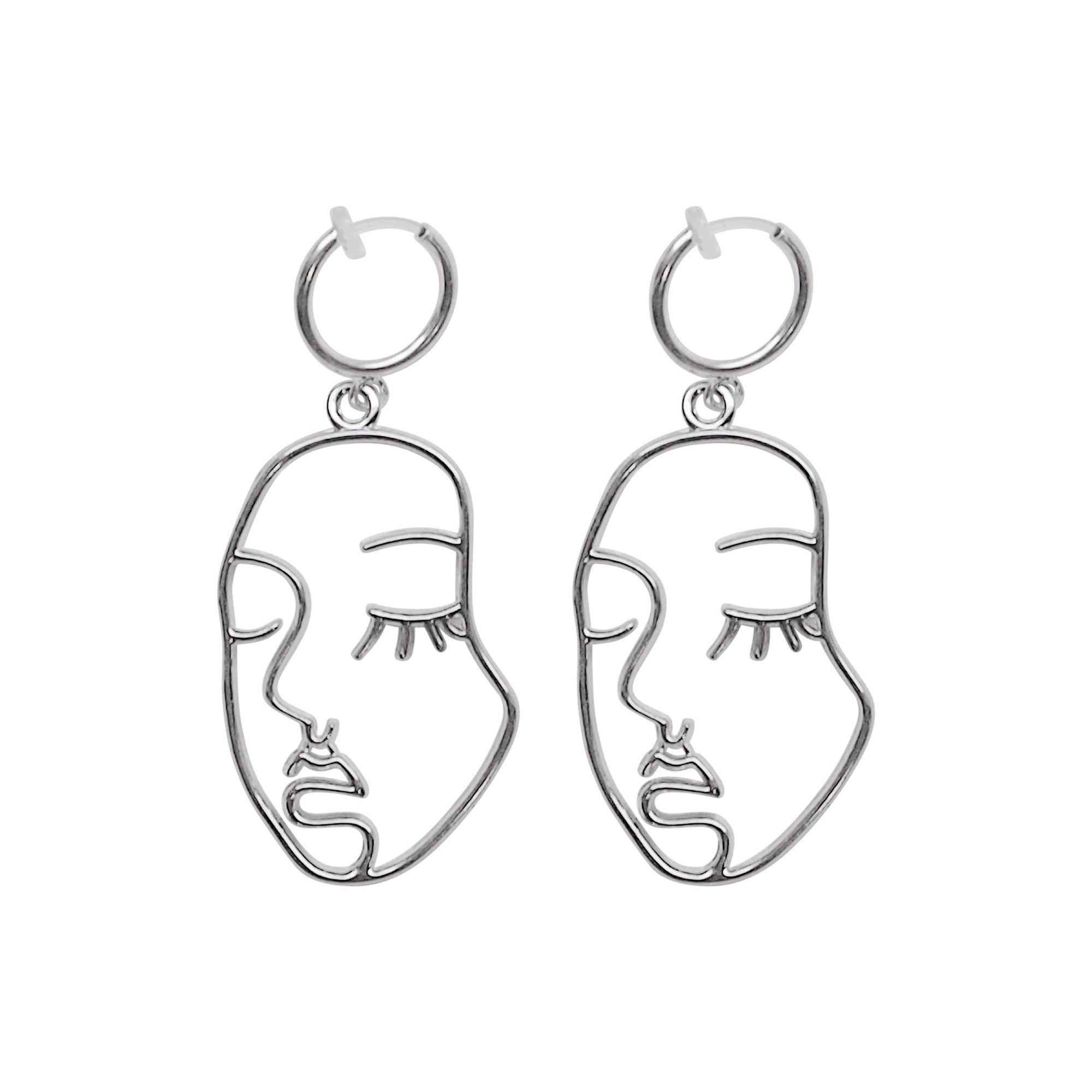 Silver human face clip on hoop earrings - Miyabi Grace