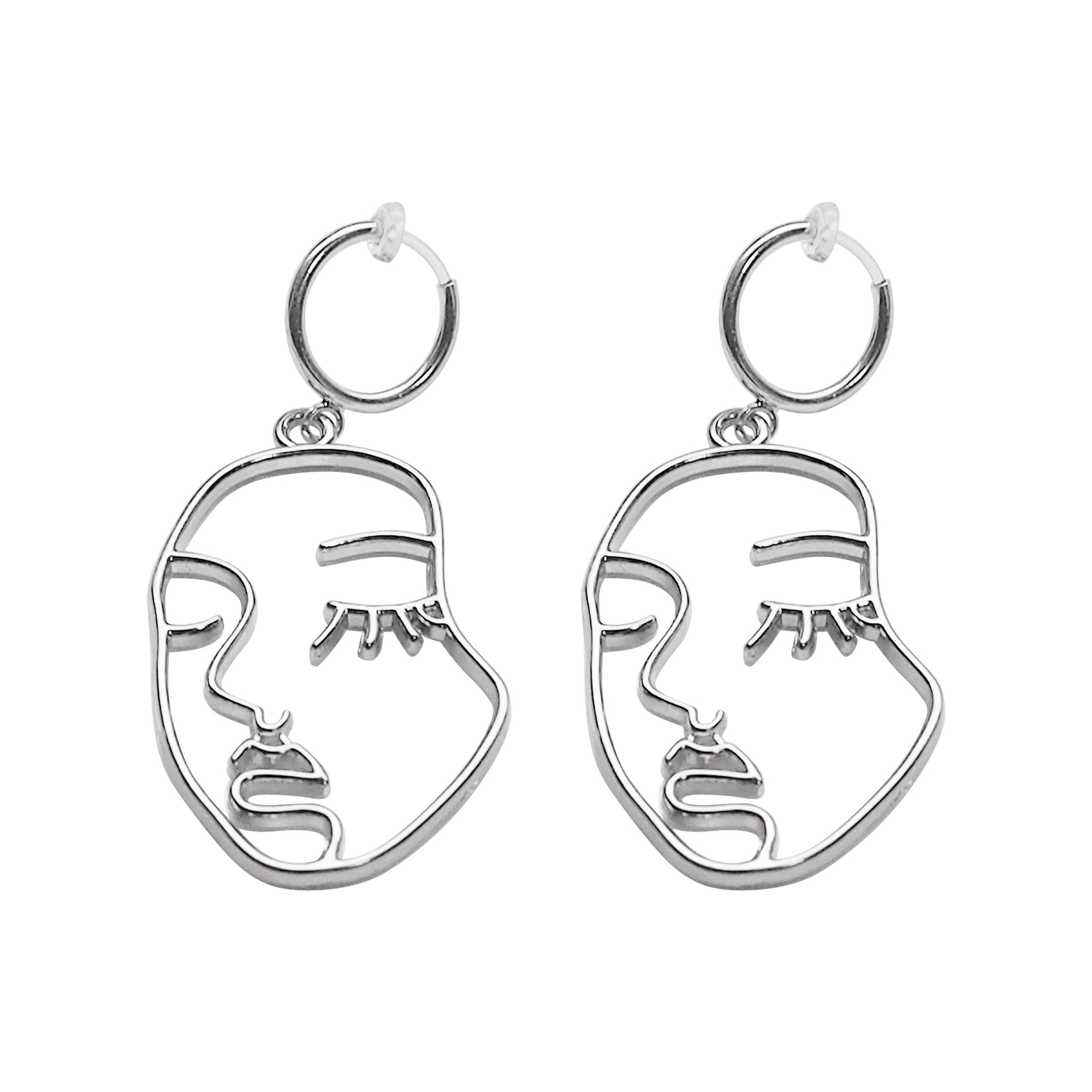 Silver human face clip on hoop earrings - Miyabi Grace