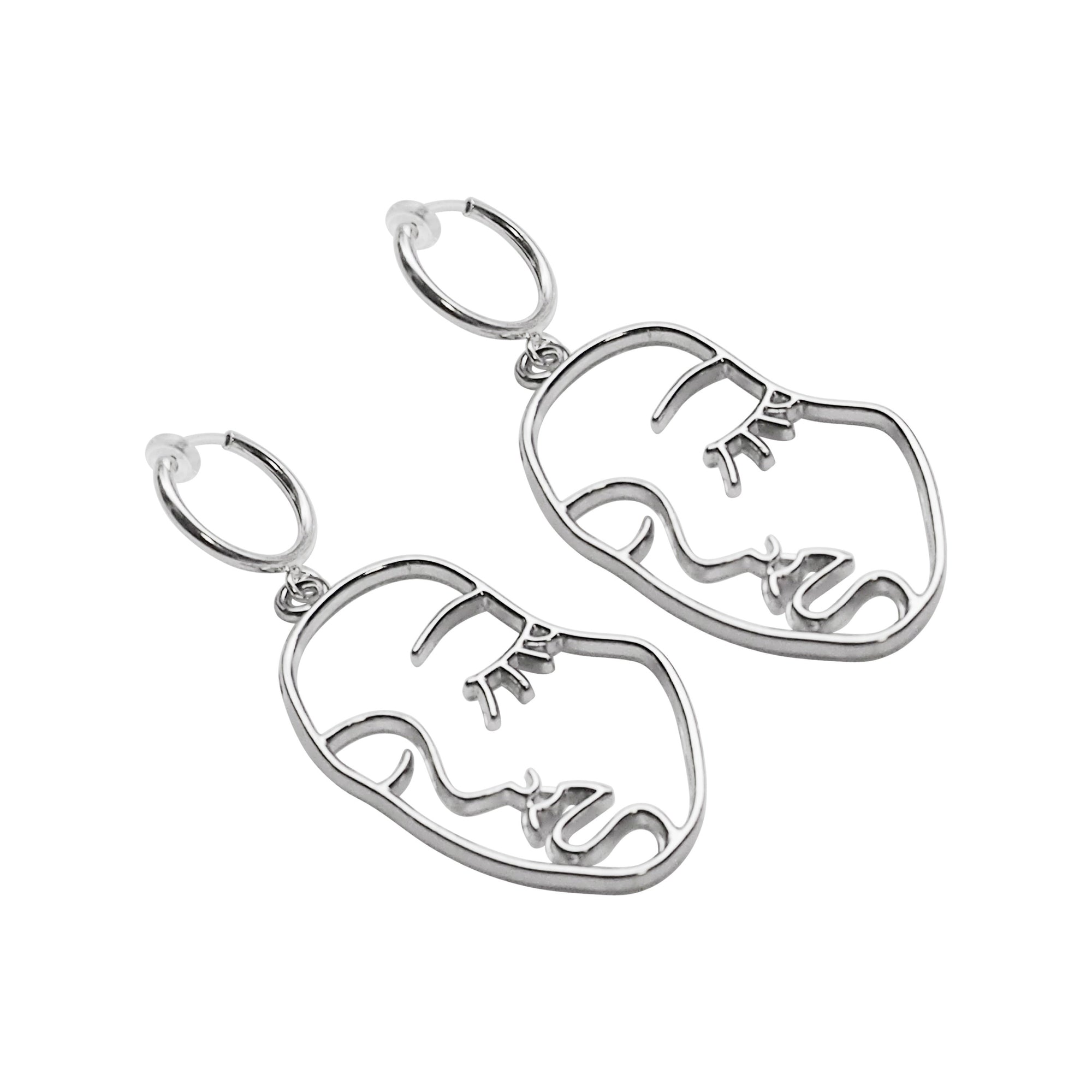 Silver human face clip on hoop earrings - Miyabi Grace