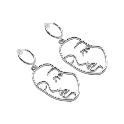Silver human face clip on hoop earrings - Miyabi Grace