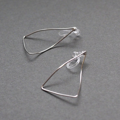 Silver Distorted Triangle Hoops Invisible Clip On Stud Earrings - Miyabi Grace