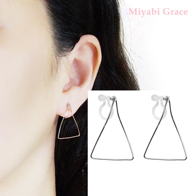 Silver Distorted Triangle Hoops Invisible Clip On Stud Earrings - Miyabi Grace