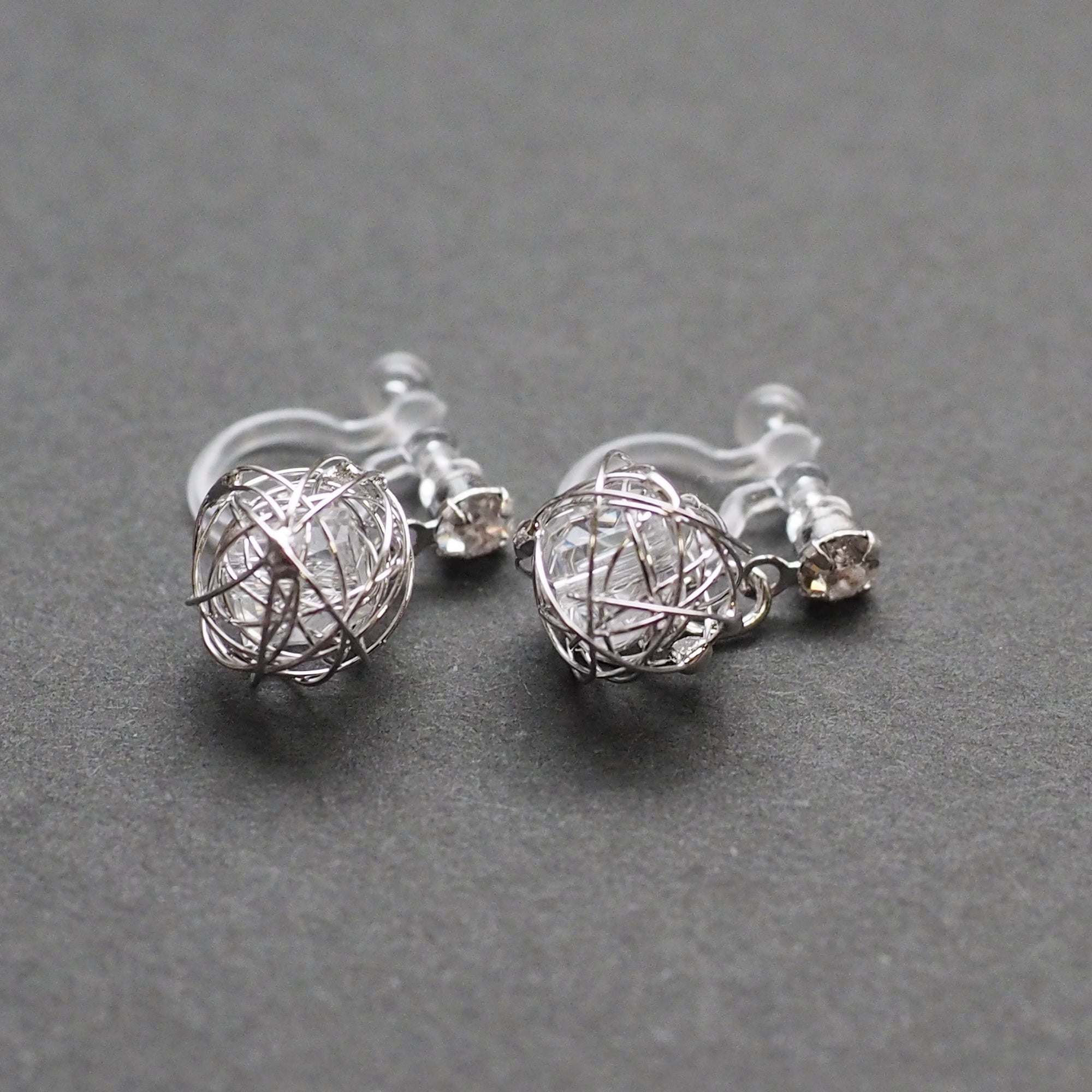 Dangle Silver Mesh Ball with Cubic Zirconia Crystal Invisible Clip On Earrings - Miyabi Grace