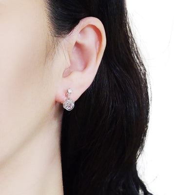 Dangle Silver Mesh Ball with Cubic Zirconia Crystal Invisible Clip On Earrings - Miyabi Grace