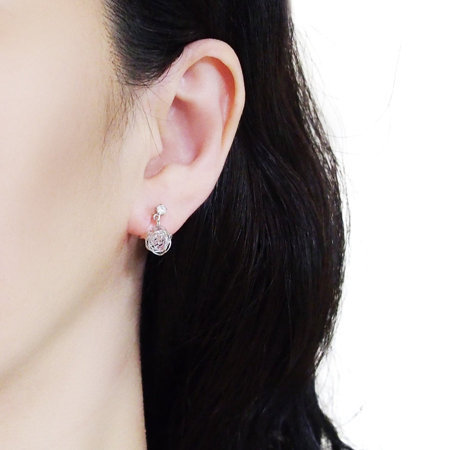 Dangle Silver Mesh Ball with Cubic Zirconia Crystal Invisible Clip On Earrings - Miyabi Grace