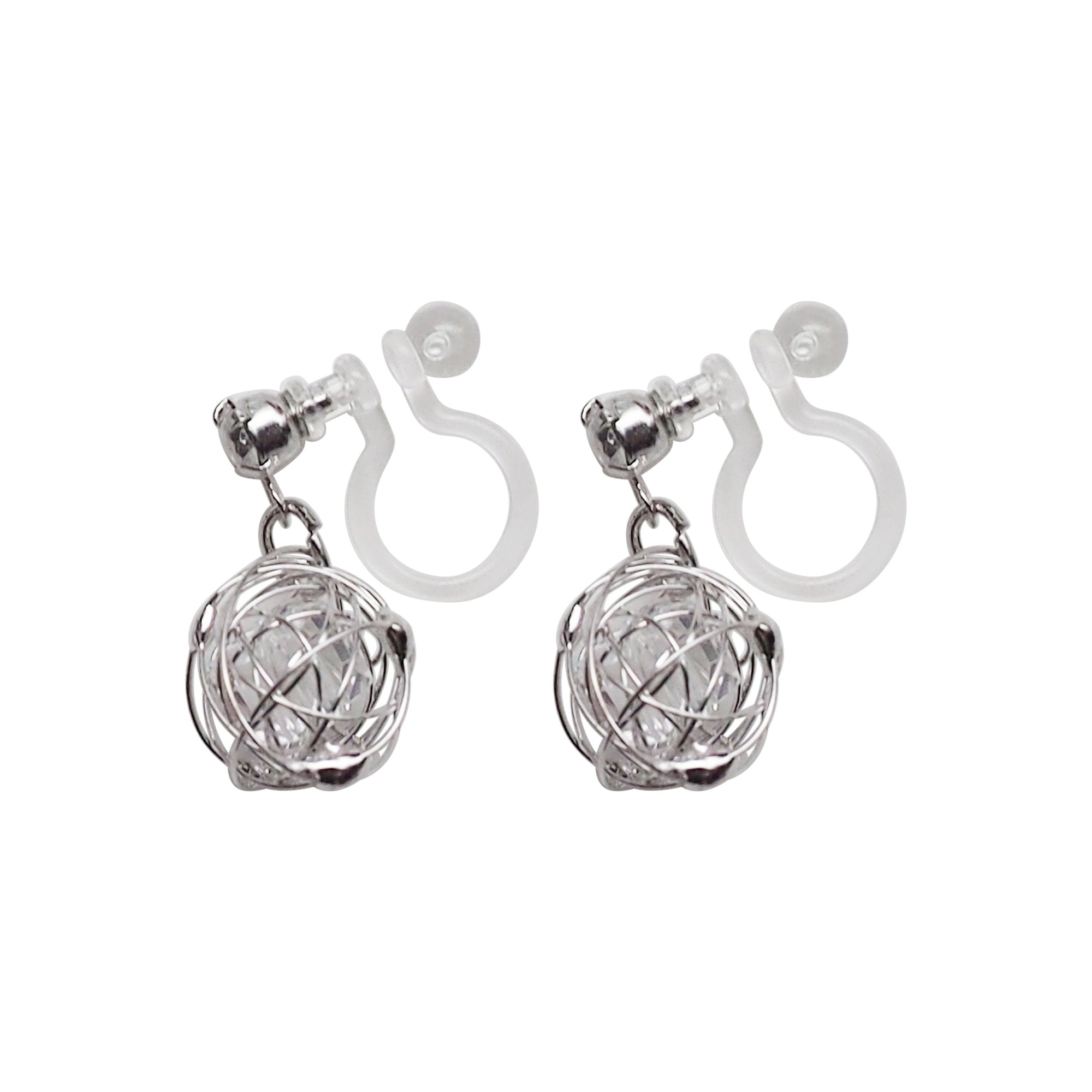 Dangle Silver Mesh Ball with Cubic Zirconia Crystal Invisible Clip On Earrings - Miyabi Grace