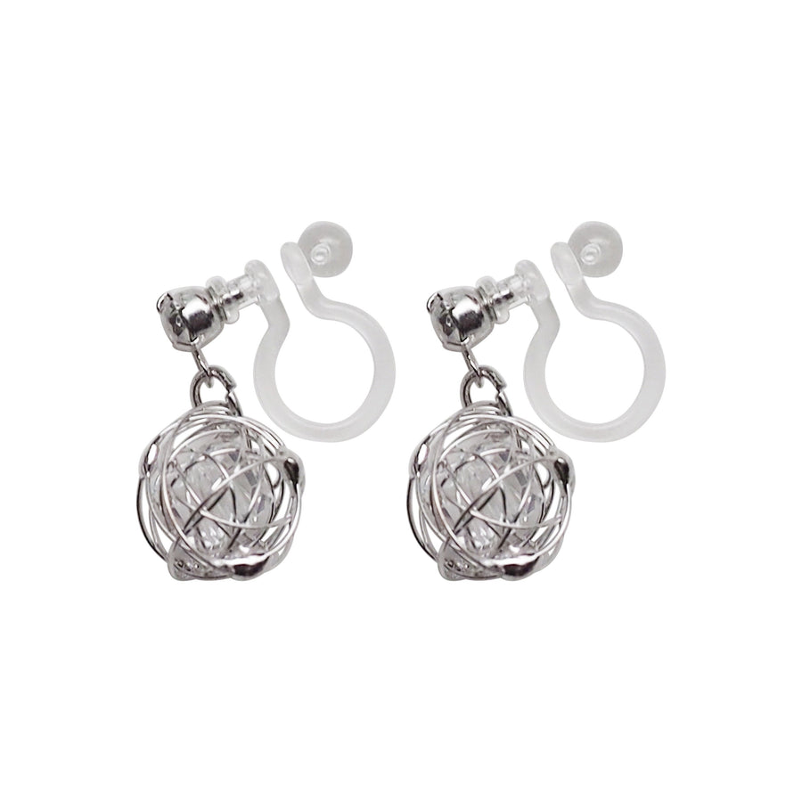 Dangle Silver Mesh Ball with Cubic Zirconia Crystal Invisible Clip On Earrings - Miyabi Grace