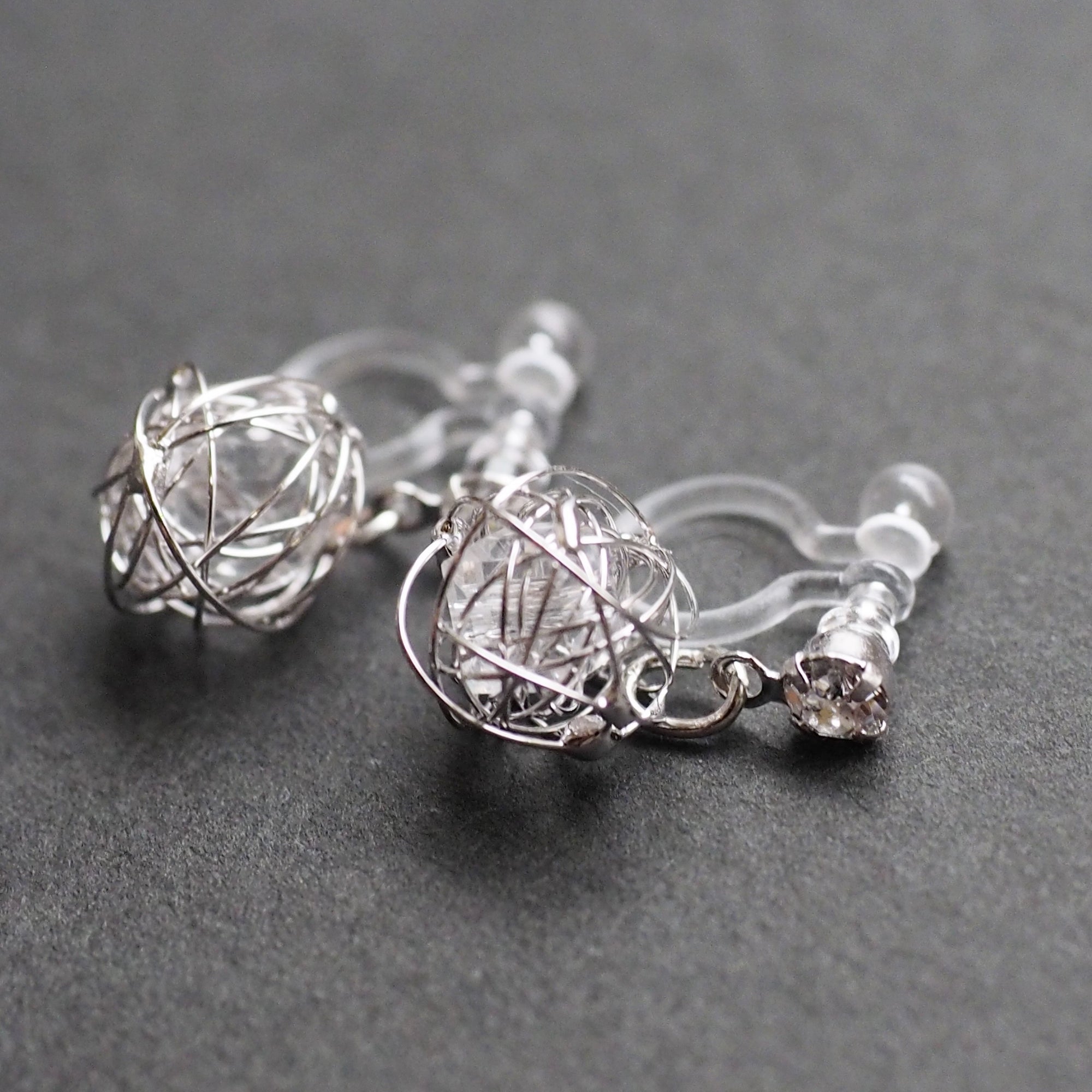 Dangle Silver Mesh Ball with Cubic Zirconia Crystal Invisible Clip On Earrings - Miyabi Grace