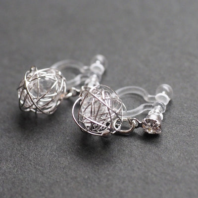 Dangle Silver Mesh Ball with Cubic Zirconia Crystal Invisible Clip On Earrings - Miyabi Grace