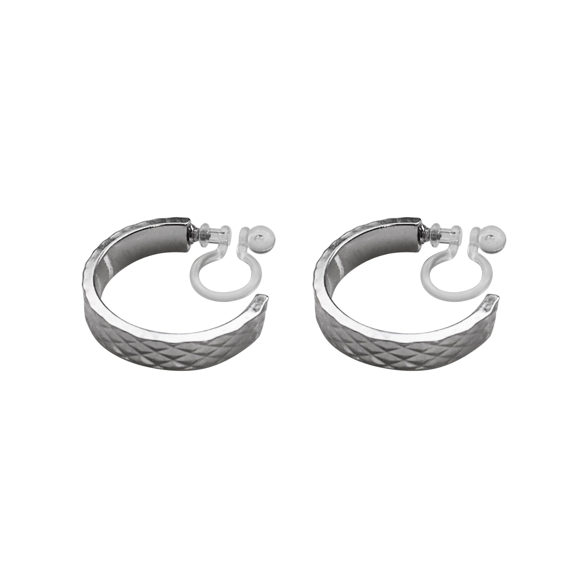 Silver Quilting Invisible Clip On Hoop Earrings - Miyabi Grace