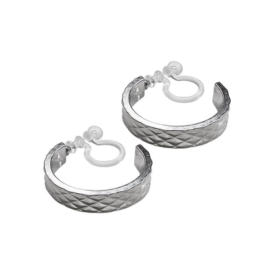 Silver Quilting Invisible Clip On Hoop Earrings - Miyabi Grace