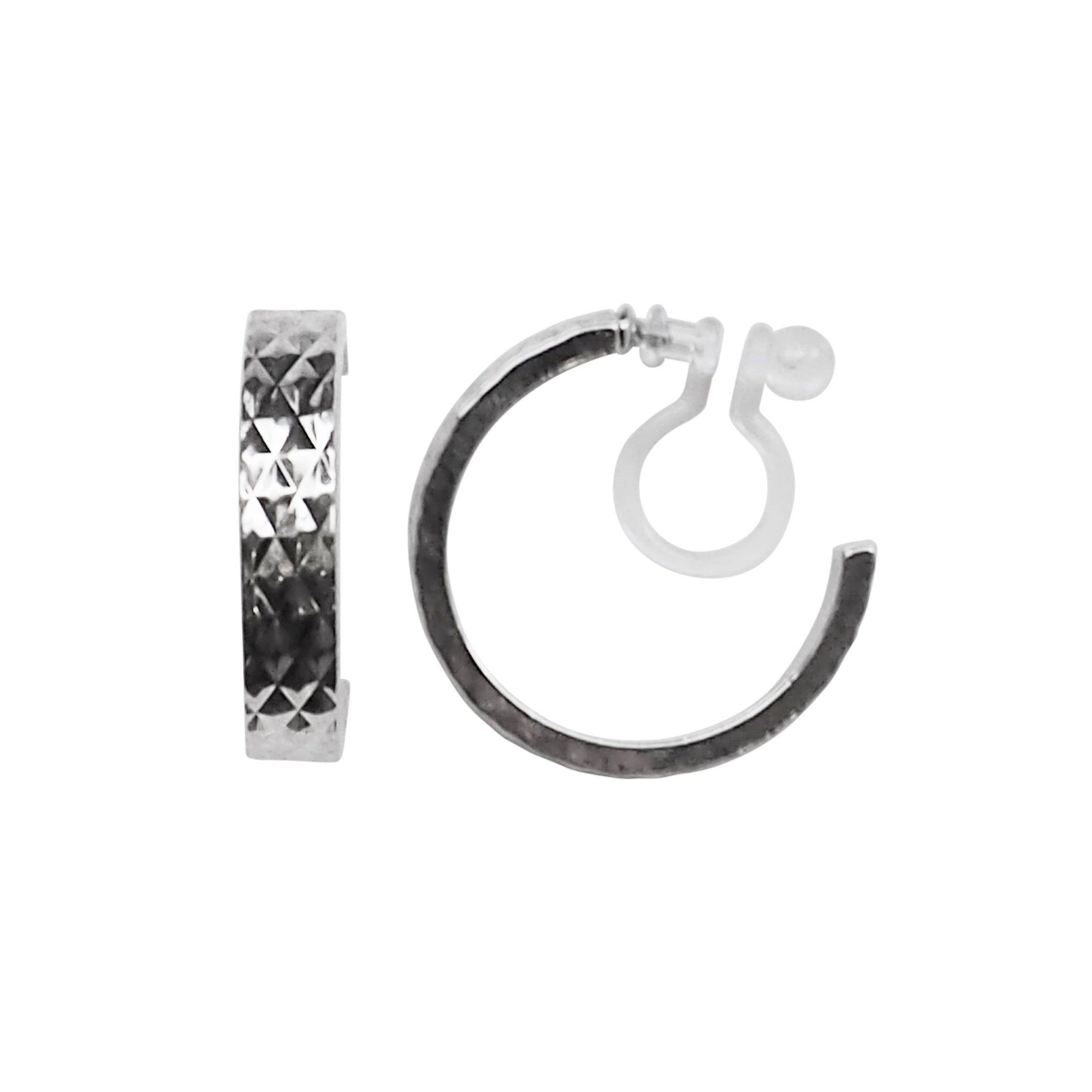 Silver Quilting Invisible Clip On Hoop Earrings - Miyabi Grace
