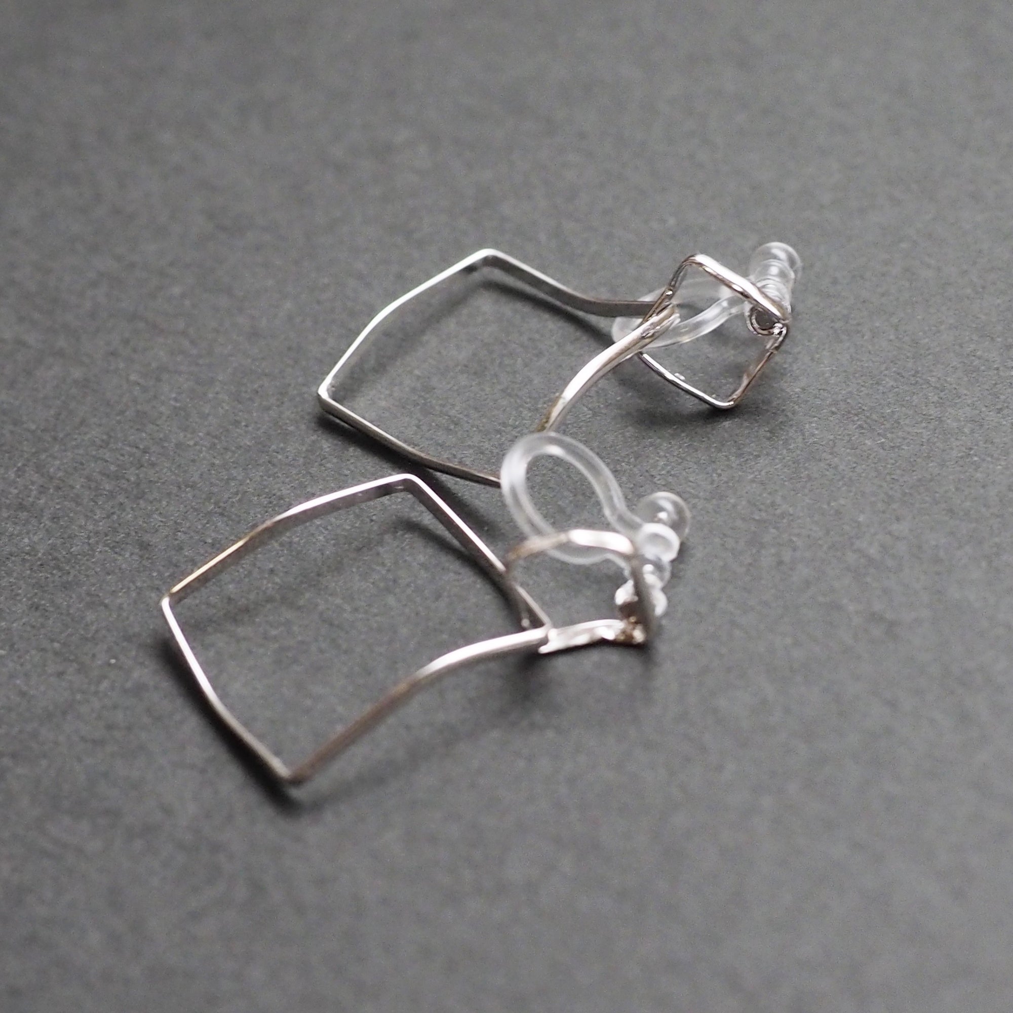 Dangle Silver Distorted Square Hoop Invisible Clip On Earrings - Miyabi Grace