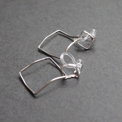 Dangle Silver Distorted Square Hoop Invisible Clip On Earrings - Miyabi Grace