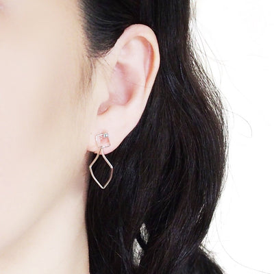 Dangle Silver Distorted Square Hoop Invisible Clip On Earrings - Miyabi Grace