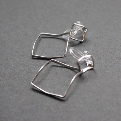 Dangle Silver Distorted Square Hoop Invisible Clip On Earrings - Miyabi Grace