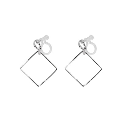 Dangle Silver Distorted Square Hoop Invisible Clip On Earrings - Miyabi Grace