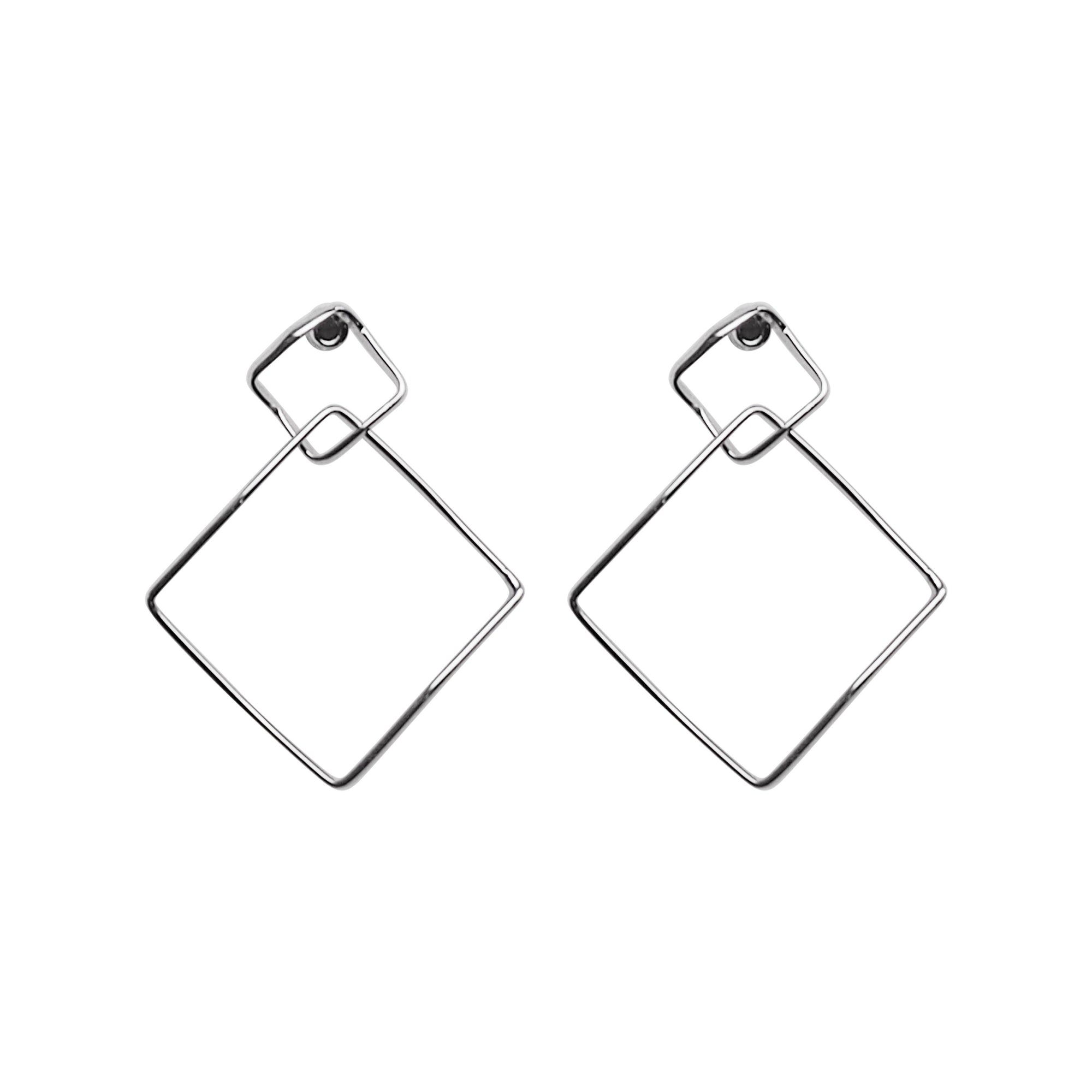 Dangle Silver Distorted Square Hoop Invisible Clip On Earrings - Miyabi Grace