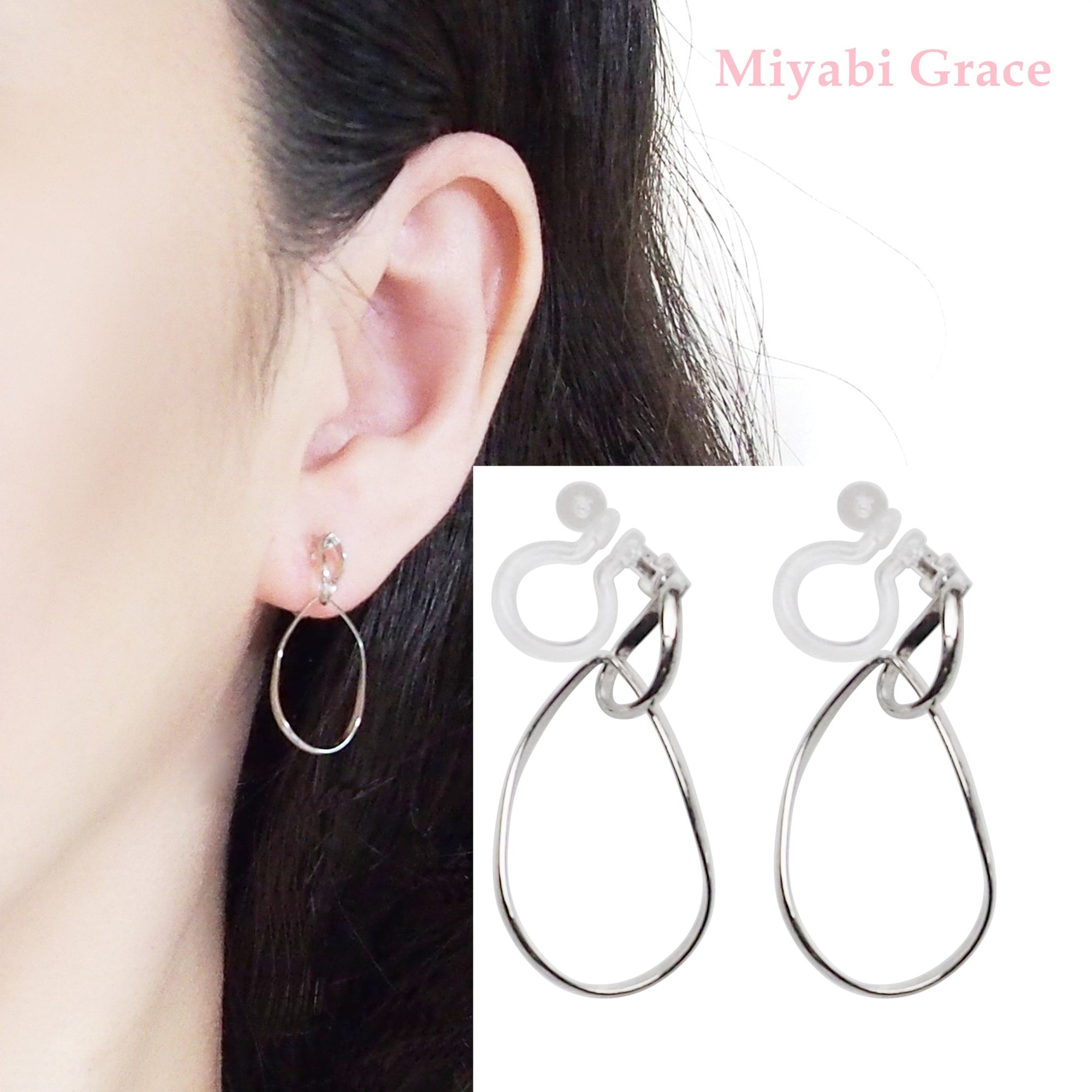 Dangle Silver Distorted Teardrop Hoop Invisible Clip On Earrings - Miyabi Grace