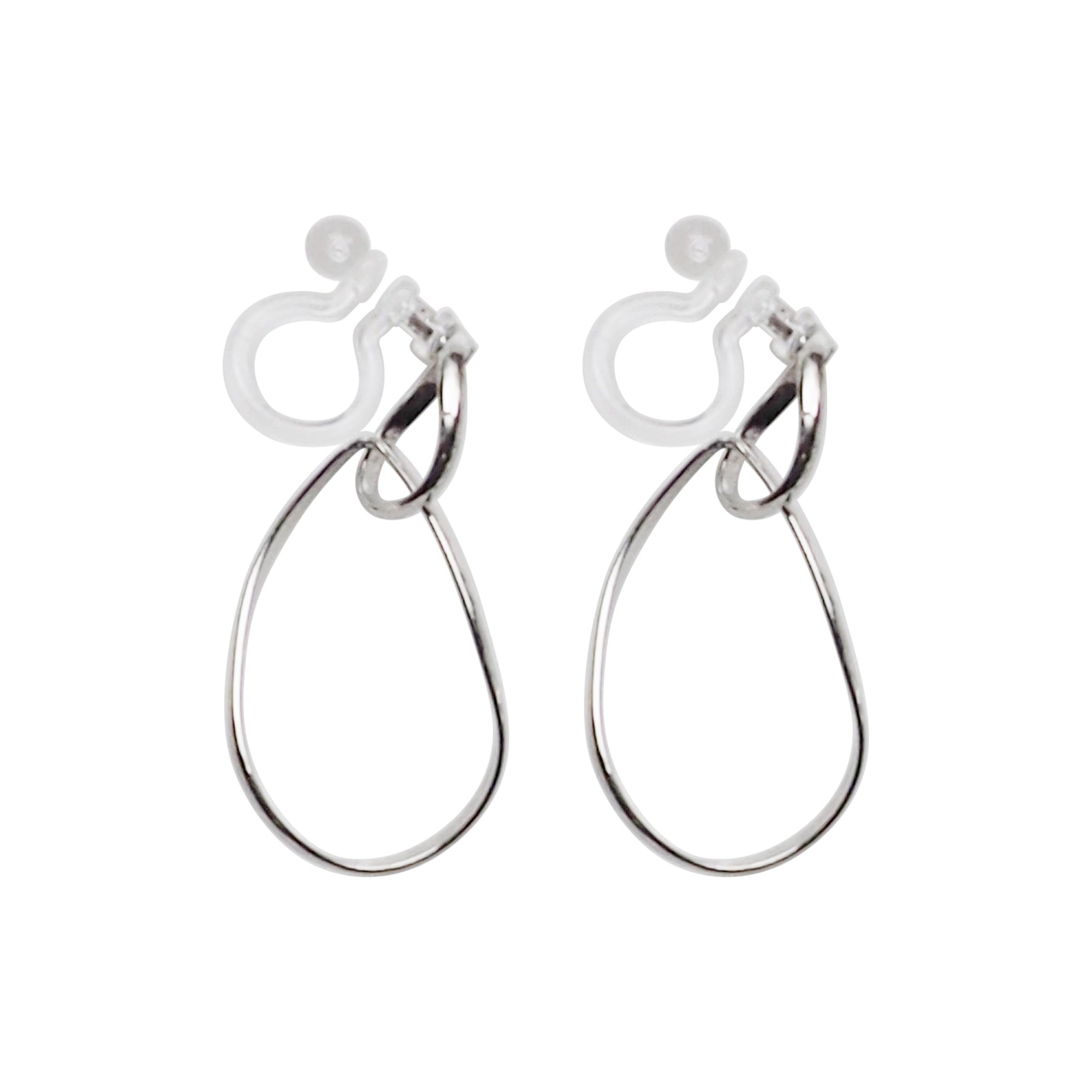 Dangle Silver Distorted Teardrop Hoop Invisible Clip On Earrings - Miyabi Grace