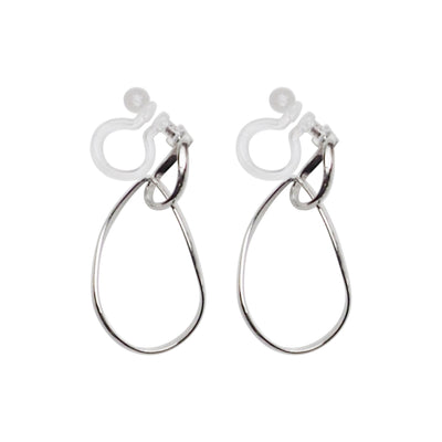 Dangle Silver Distorted Teardrop Hoop Invisible Clip On Earrings - Miyabi Grace