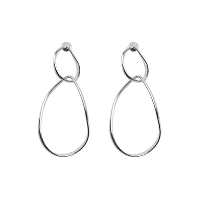 Dangle Silver Distorted Teardrop Hoop Invisible Clip On Earrings - Miyabi Grace