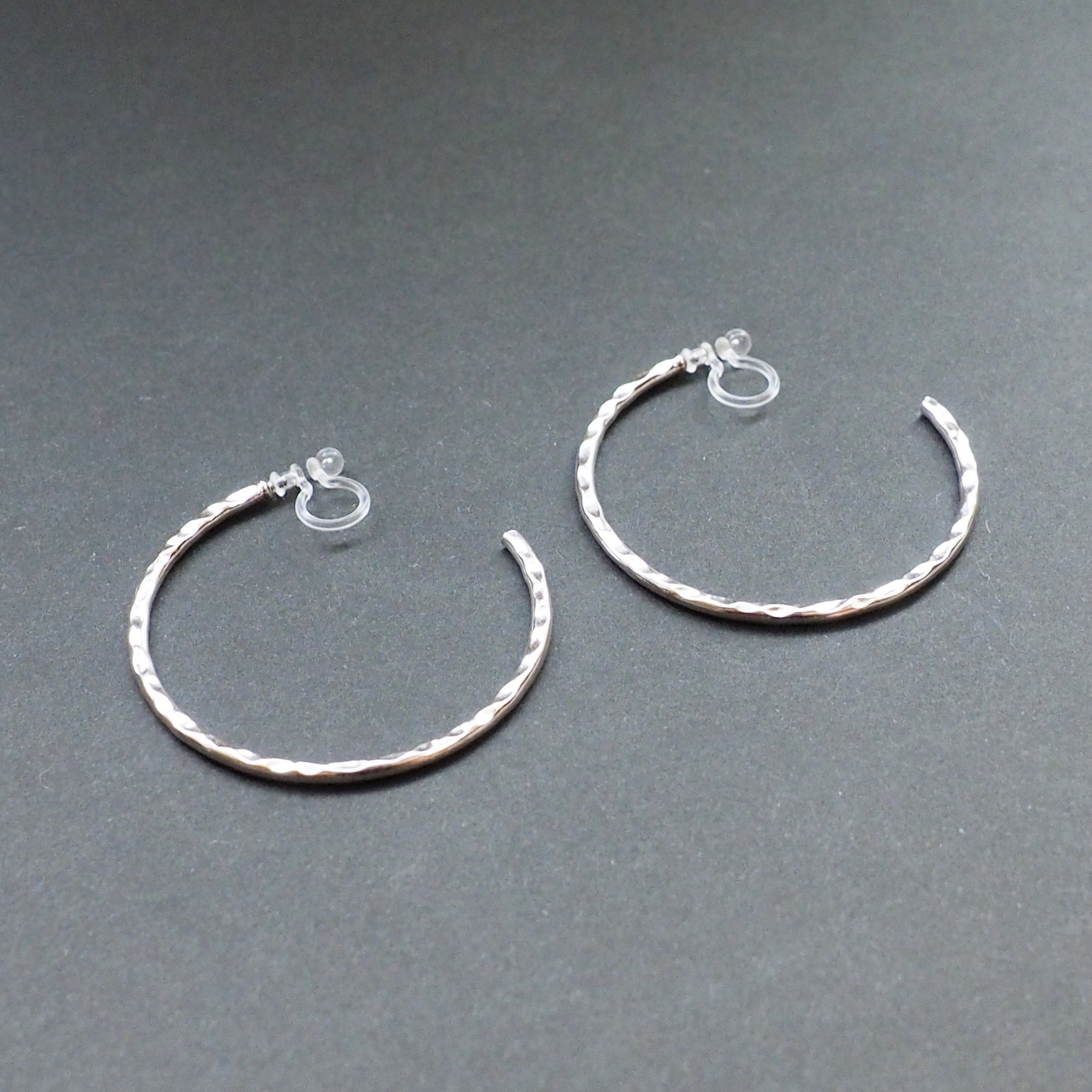 Silver Large Textured Invisible Clip On Hoop Earrings - Miyabi Grace
