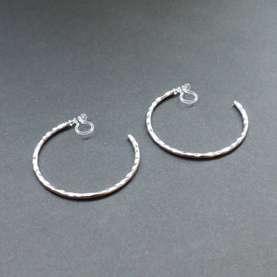 Silver Large Textured Invisible Clip On Hoop Earrings - Miyabi Grace
