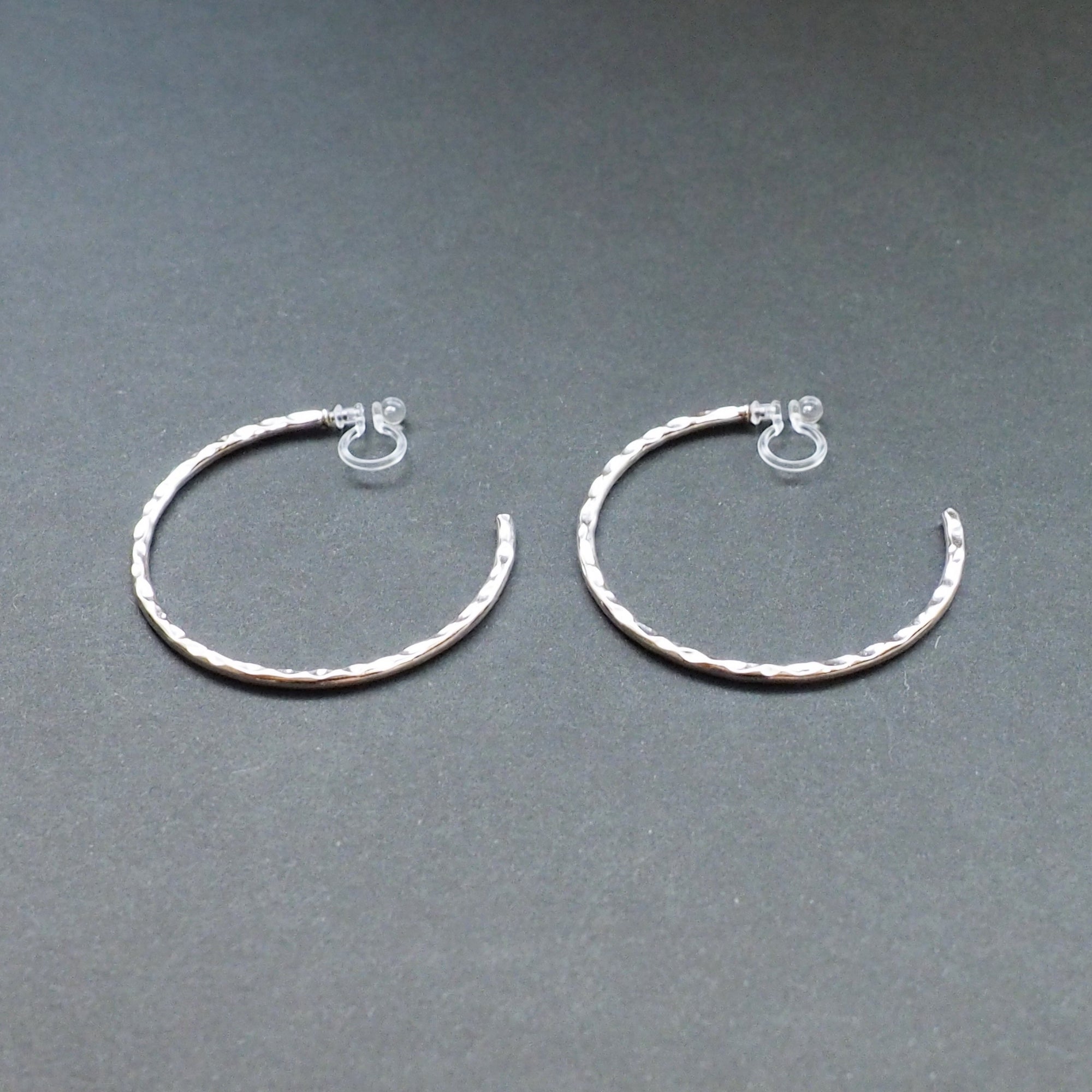Silver Large Textured Invisible Clip On Hoop Earrings - Miyabi Grace