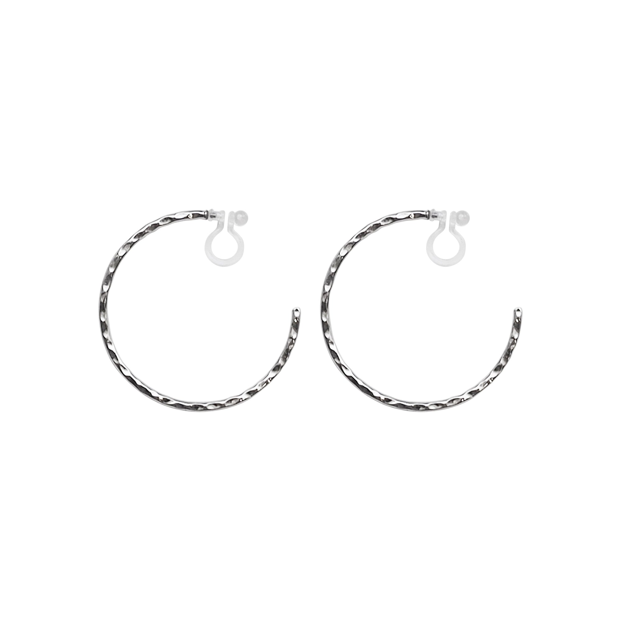 Silver Large Textured Invisible Clip On Hoop Earrings - Miyabi Grace