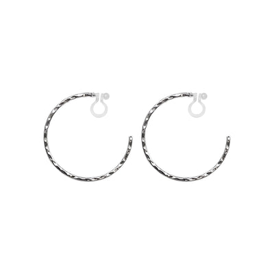 Silver Large Textured Invisible Clip On Hoop Earrings - Miyabi Grace
