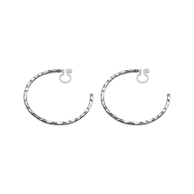 Silver Large Textured Invisible Clip On Hoop Earrings - Miyabi Grace